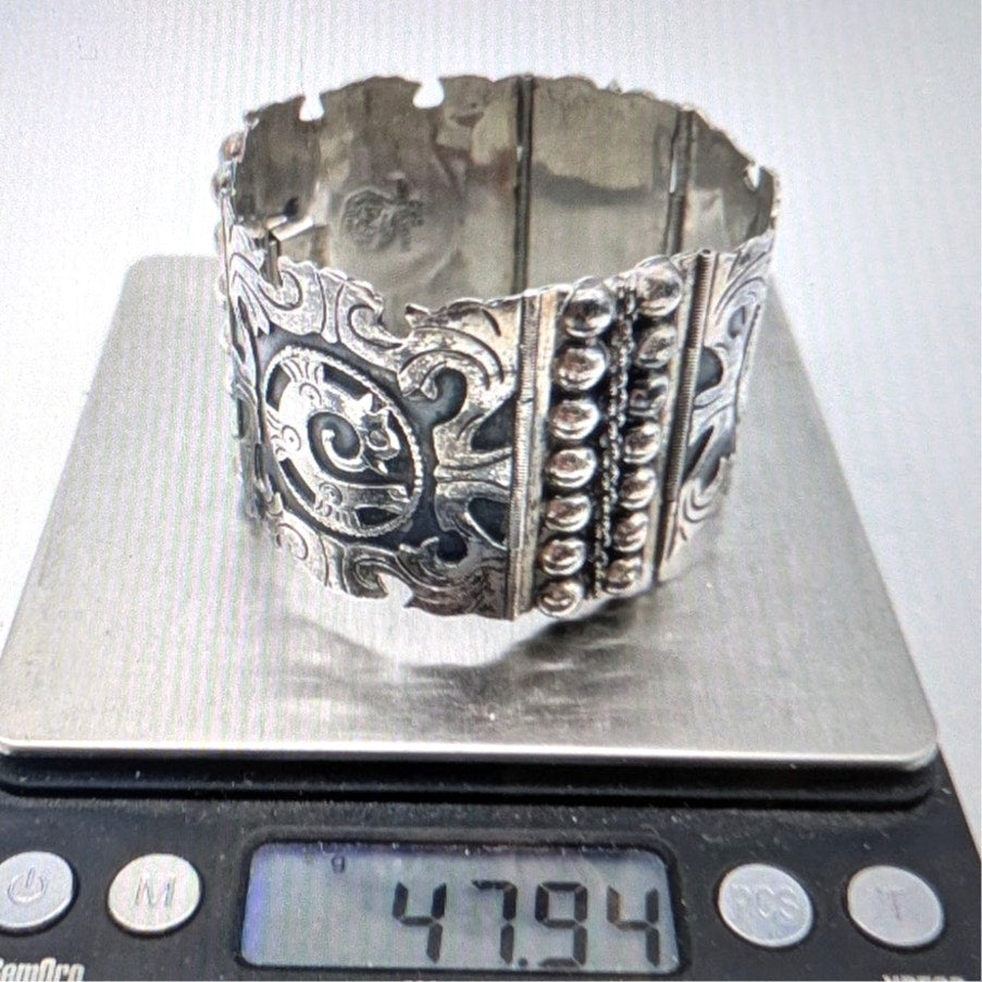Vtg 30s-40s Los Ballesteros Taxco Sterling Silver Mexican Hinged Panel Bracelet
