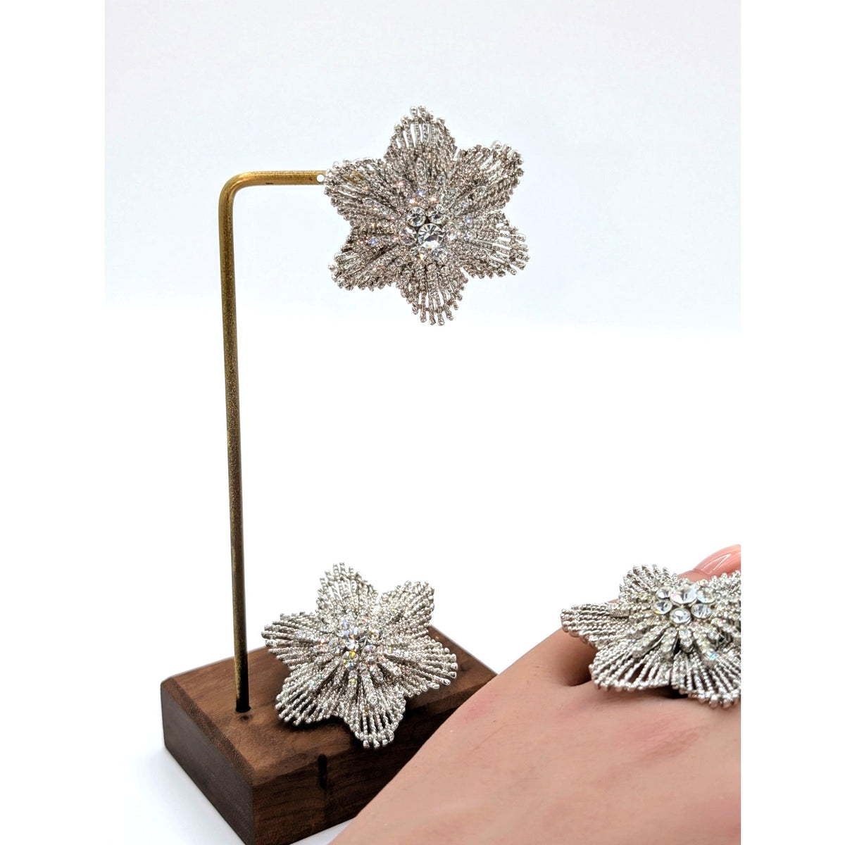 Sparkle Rhinestone Flower Silver Tone Stretch Ring & Matching Pierced Earrings