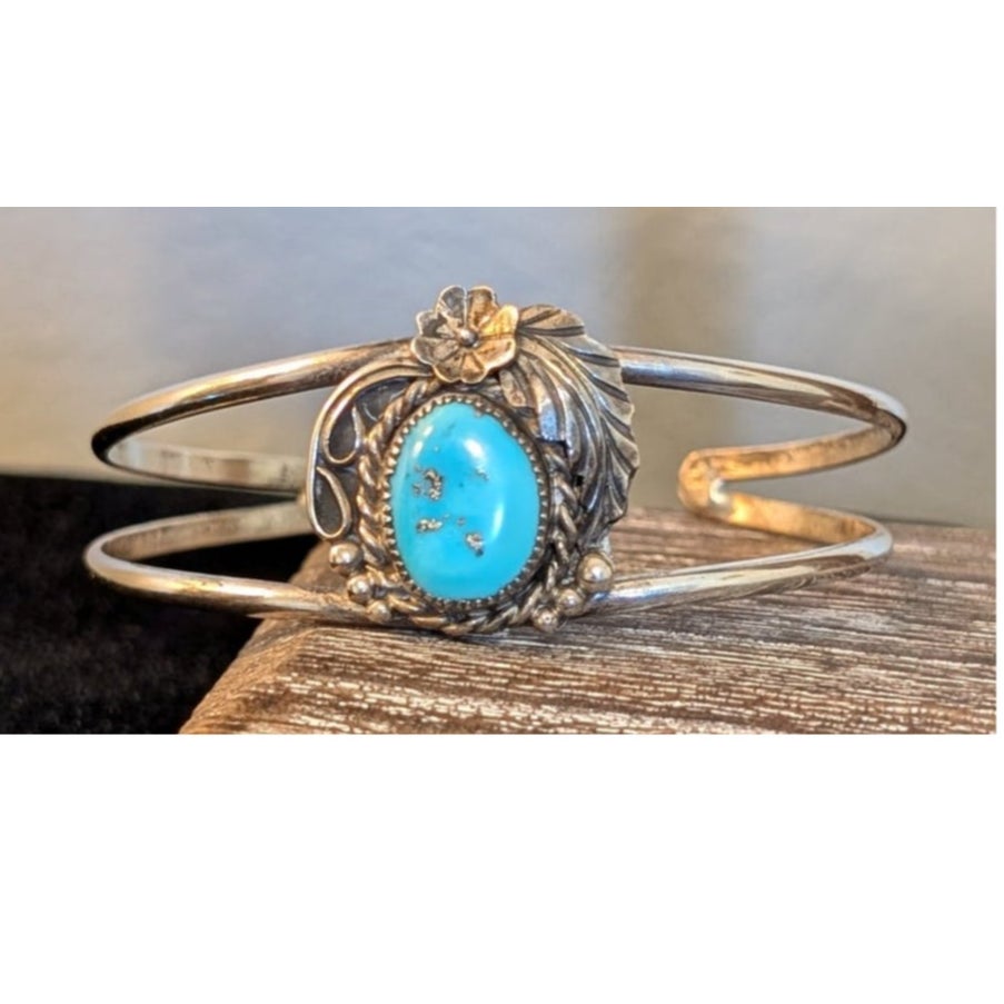 Vintage Signed SM Native Turquoise Rose Leaf Split Band Sterling Cuff Bracelet