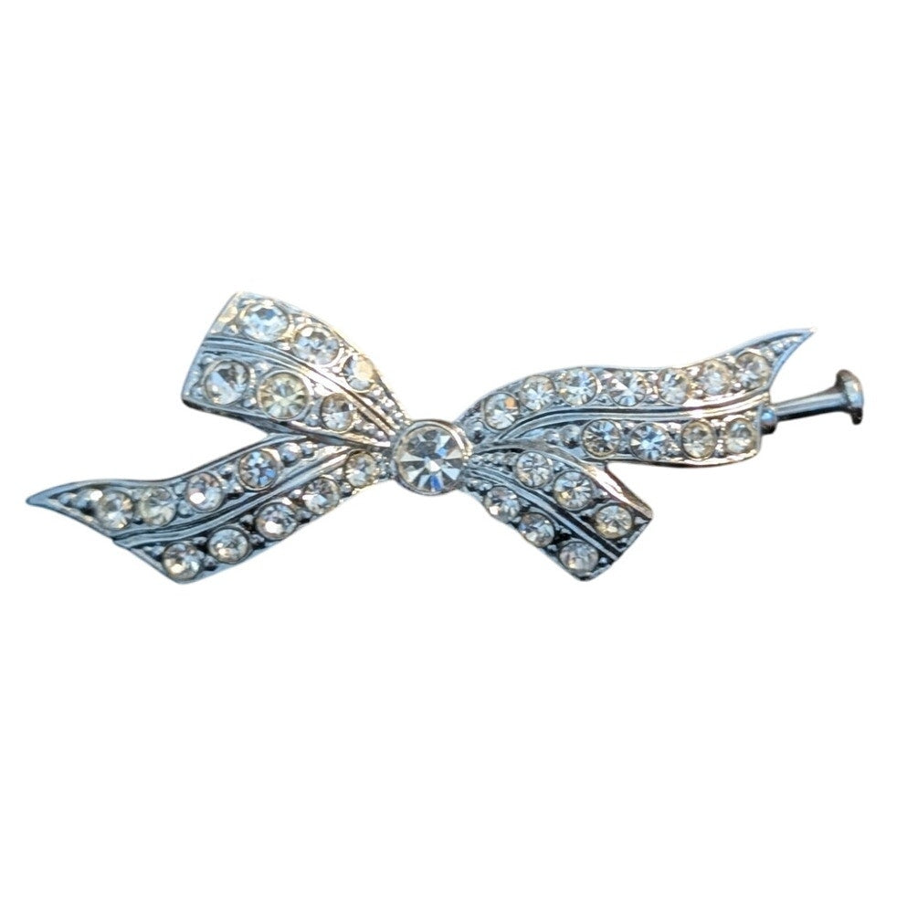 Vintage Silver Tone Rhinestone Bow Brooch