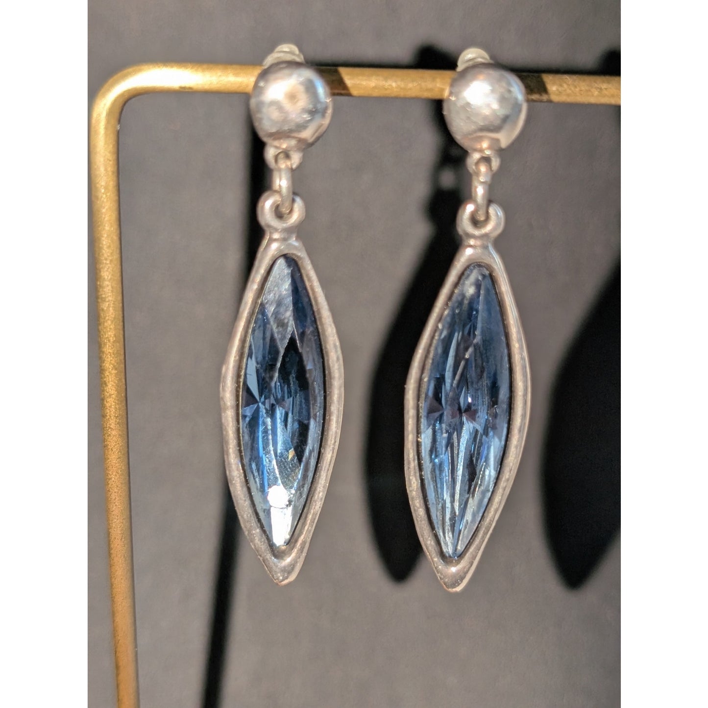 Uno de 50 Blue Swarovski Marquis Crystal Dangle Earrings (One Crystal Chipped)