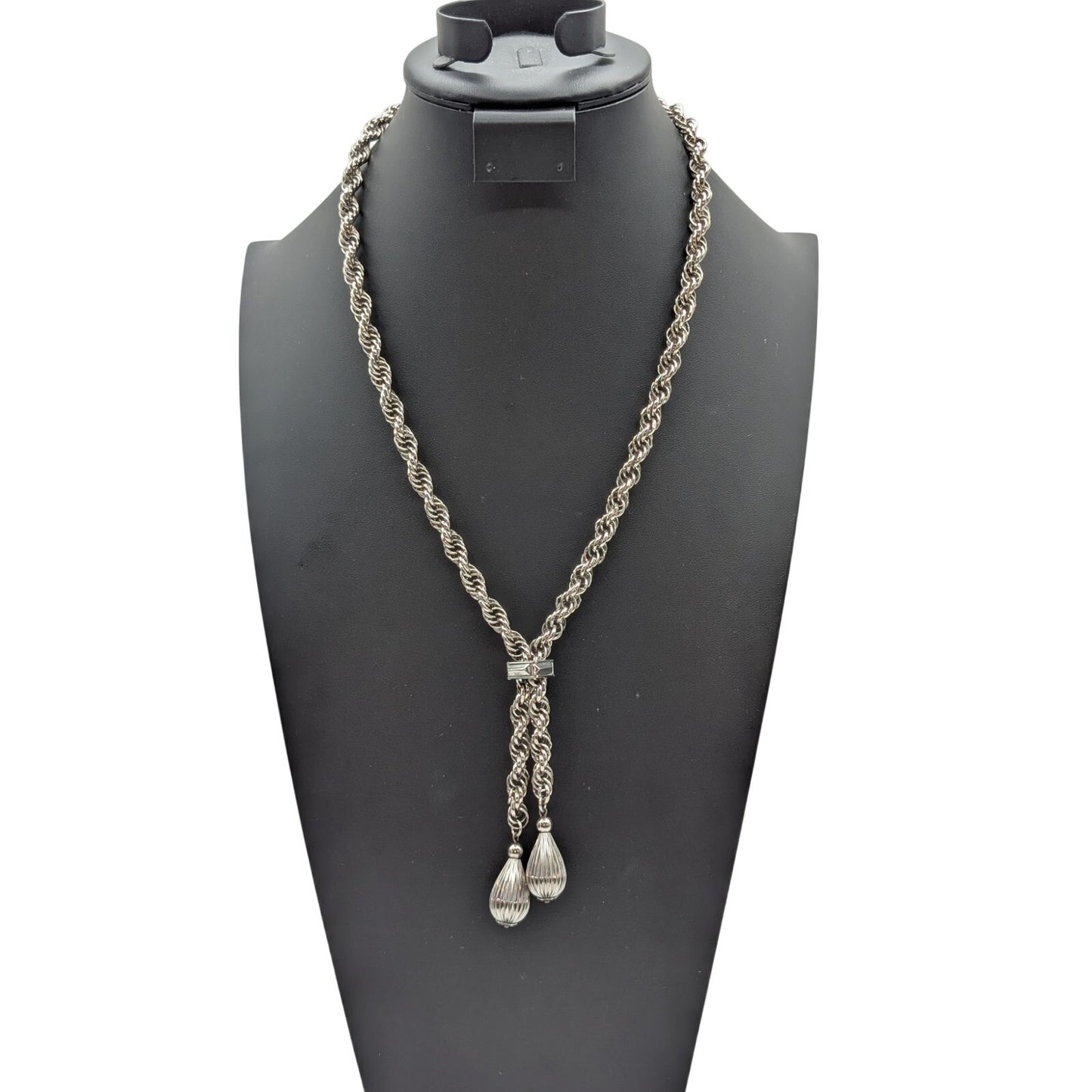 VTG Silver Tone Thick Rope Chain Slide Lariat Teardrop Dangles 27" Necklace