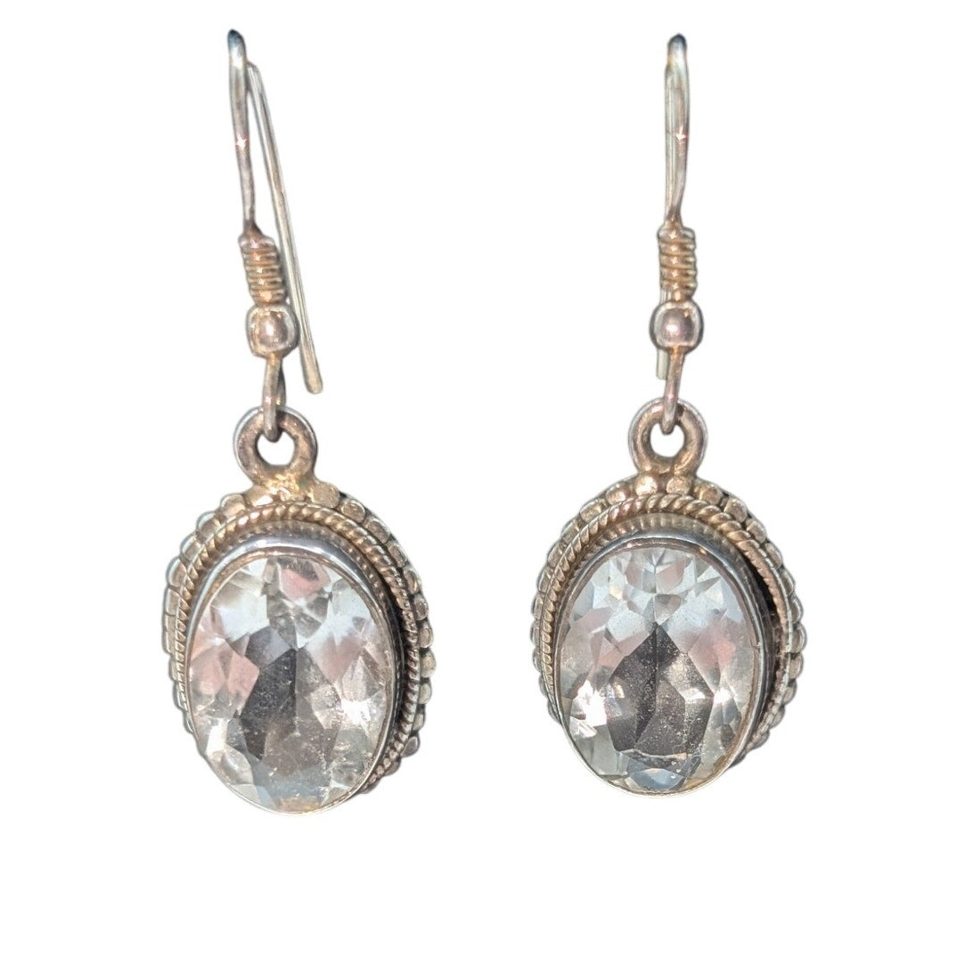 Vintage Beaded 925 Sterling Silver Bezel Set Rock Crystal Quartz Dangle Earrings