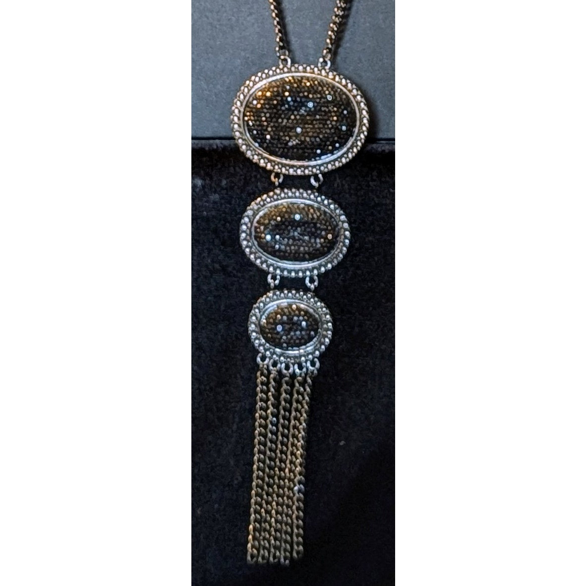 Triple Station Black Sparkle Fringe Long Gun Metal Necklace