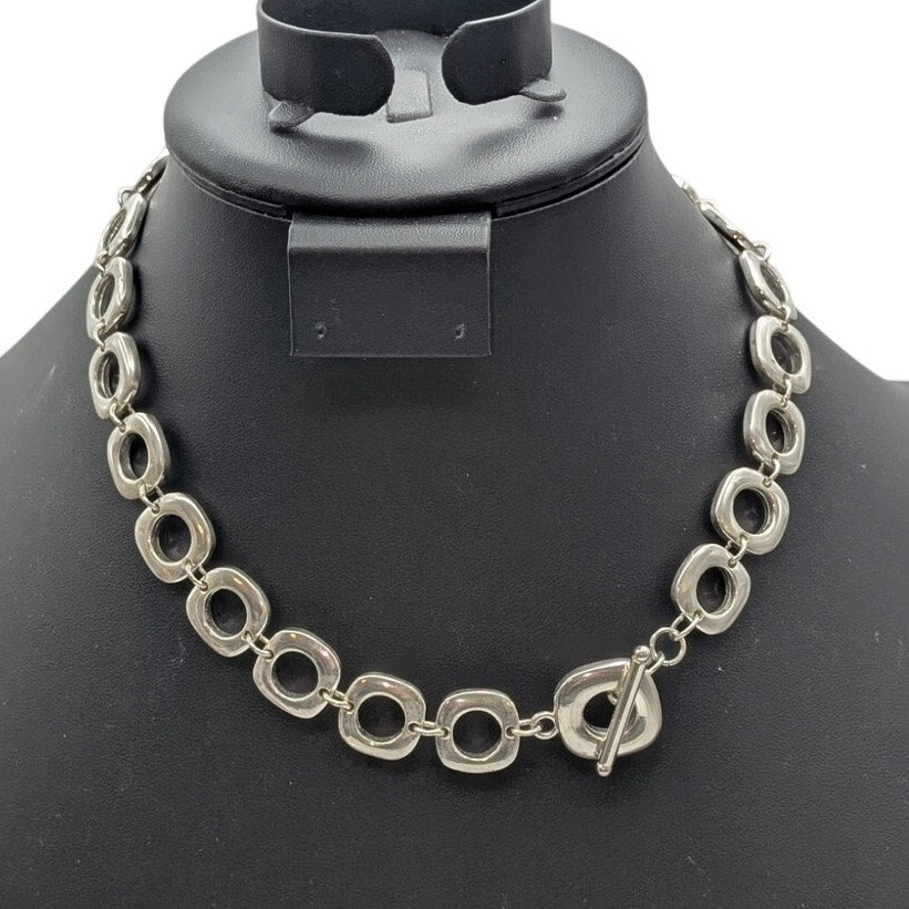 Silver Tone Chunky Squared Off Circle Chain Link Toggle Clasp 17.5" Necklace
