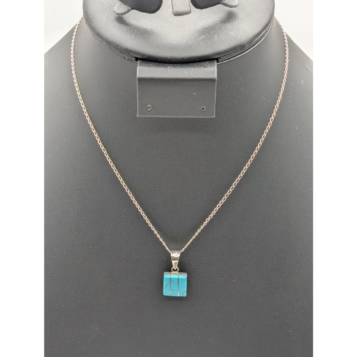 Vtg 925 Sterling Silver Zuni Turquoise Silver Inlay Pendant 16" Chain Necklace