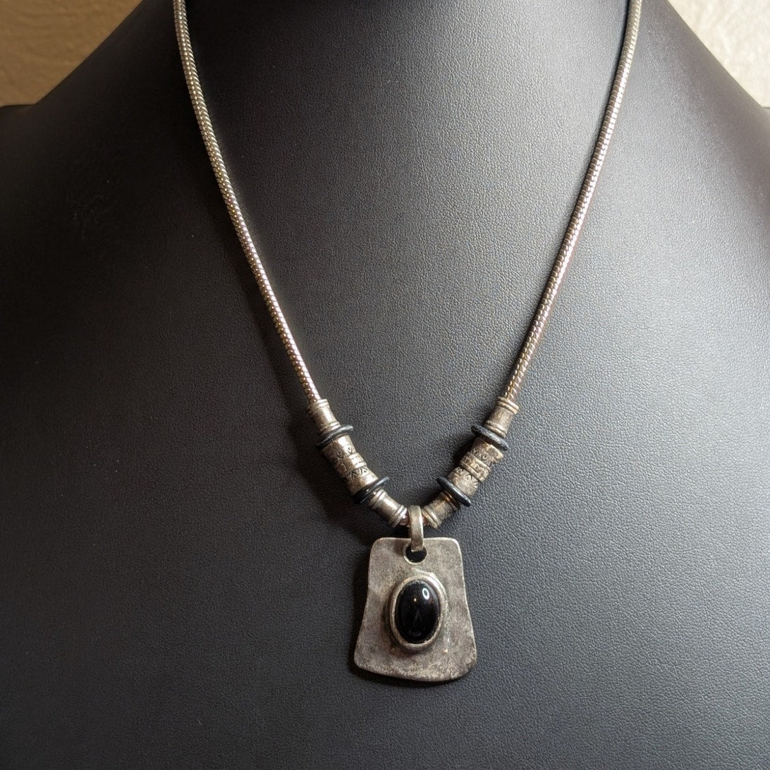 Chico's Black Cabochon Pendant Silver Tone Pendant Snake Chain Necklace