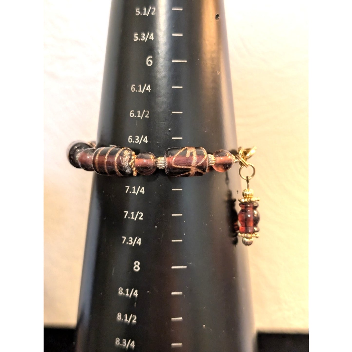 Gold Foil Purple Glass Artisan Beaded Bracelet W/ Bead Dangle