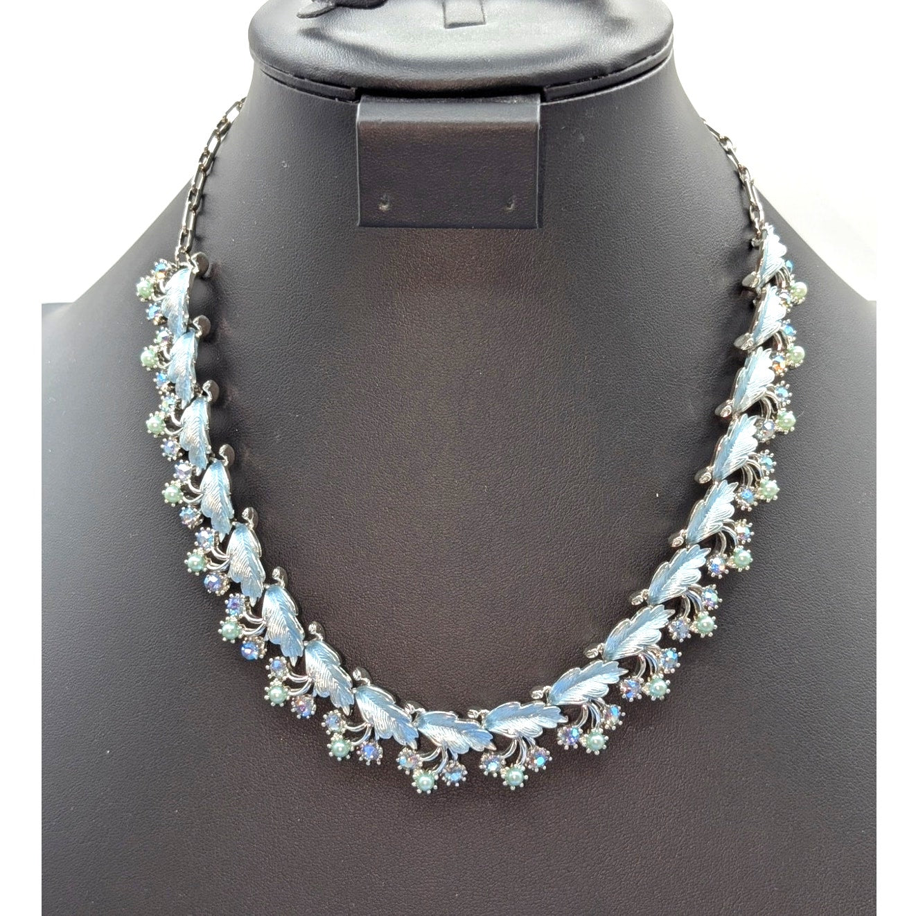 Vintage 50s Blue Leaf AB Crystal Pearl Silver Tone Hook Clasp 19" Chain Necklace