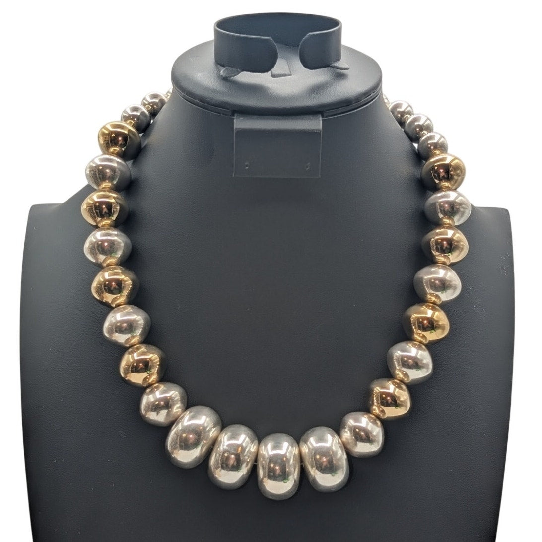 Vintage Chunky Silver & Gold Tone Heavy Beaded Barrel Clasp 21.5" Necklace