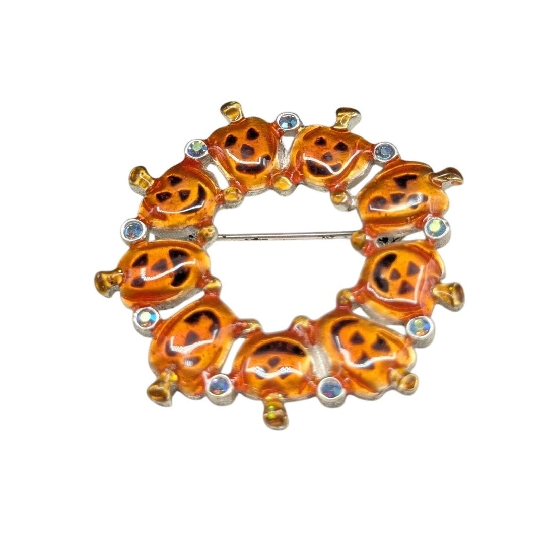Vtg Silver Tone Orange 'Best' Pumpkin Necklace & AJMC Pumpkin Wreath Brooch