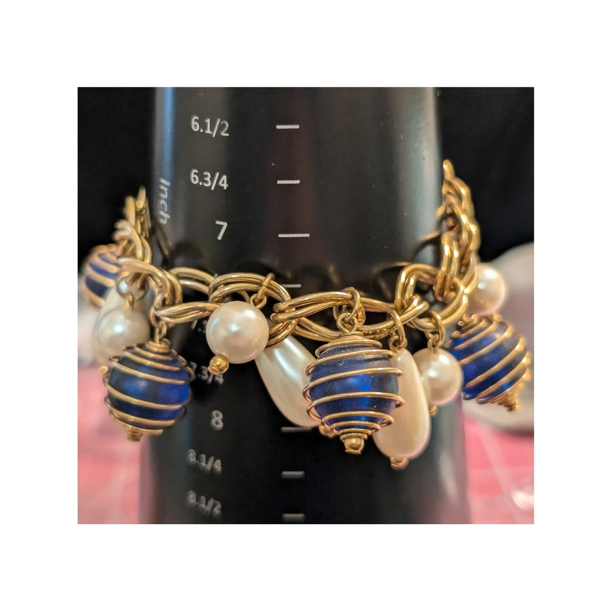 Vintage 1980s Gold Tone Double Link Blue Cage Ball Faux Pearl Toggle Bracelet