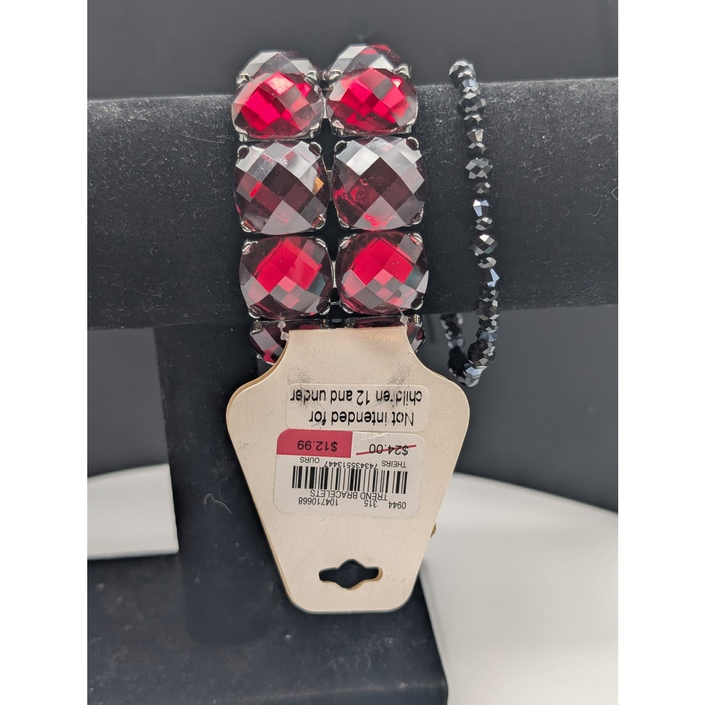 Lot of Six Red Black Metallic Rhinestone Beaded Stretch Bracelets