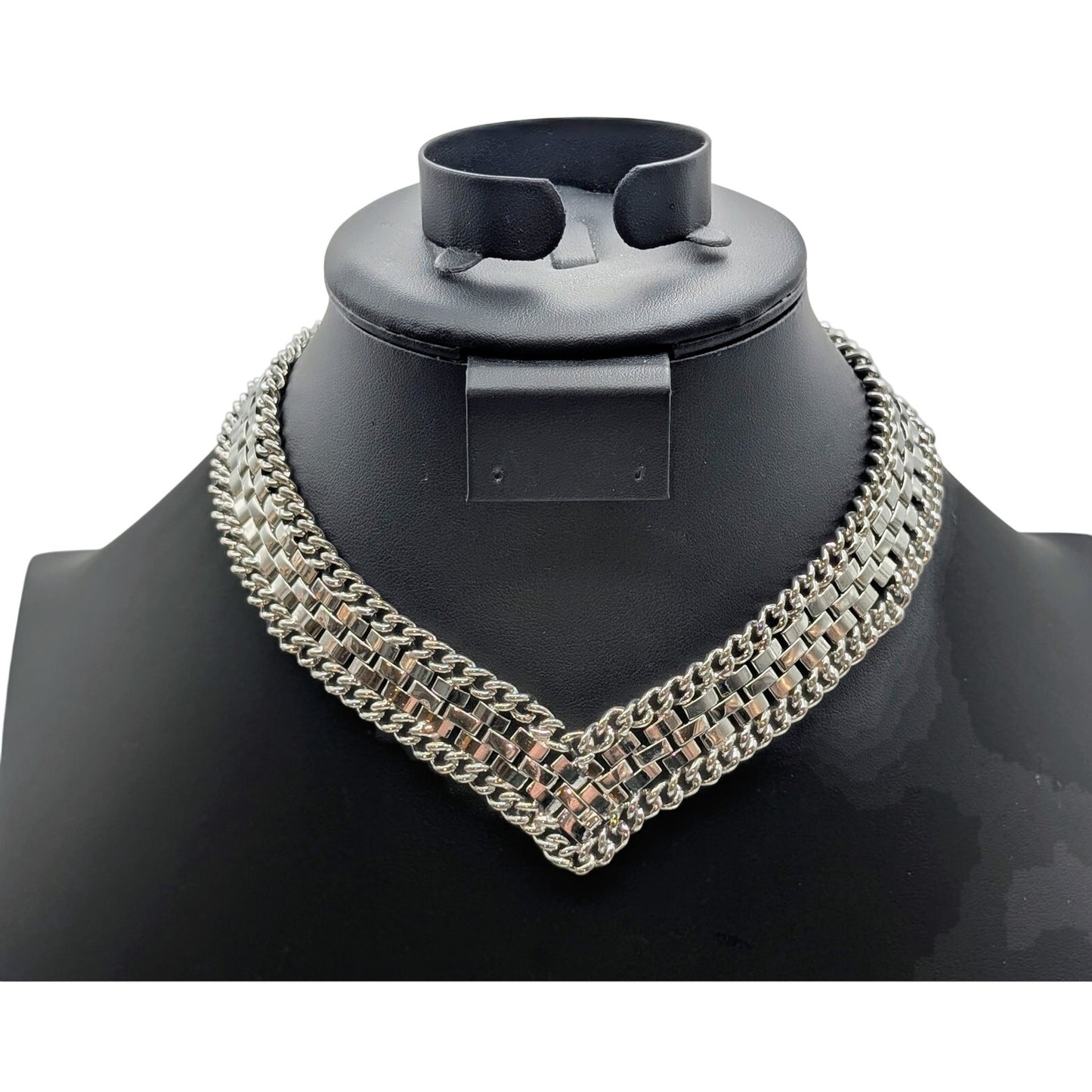 Vtg Silver Tone 3/4" Wide V Basketweave Curb Surround Chain Collar 15" Necklace