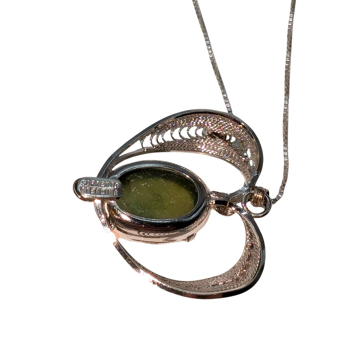 Vintage Sorrento Sterling Green Glass Cabochon Filigree Heart Pendant Necklace