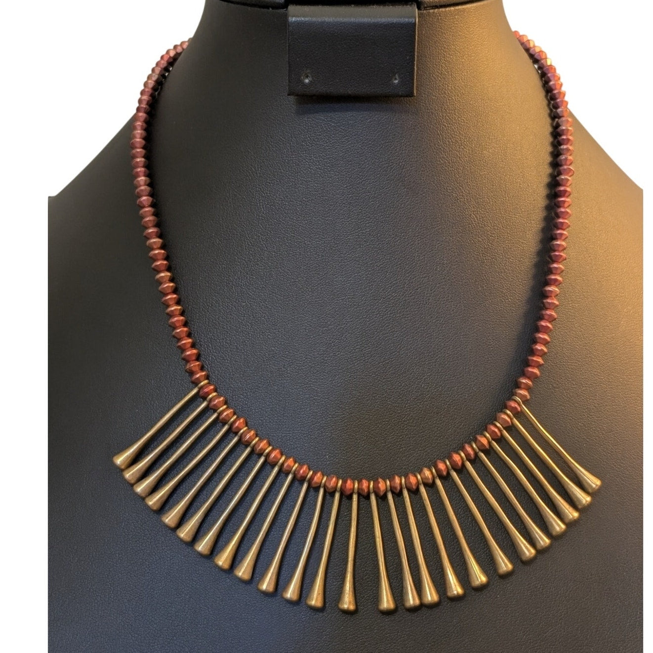 Chico's Metallic Red Bead Gold Tone Fluted Fringe 16.5-20" Necklace
