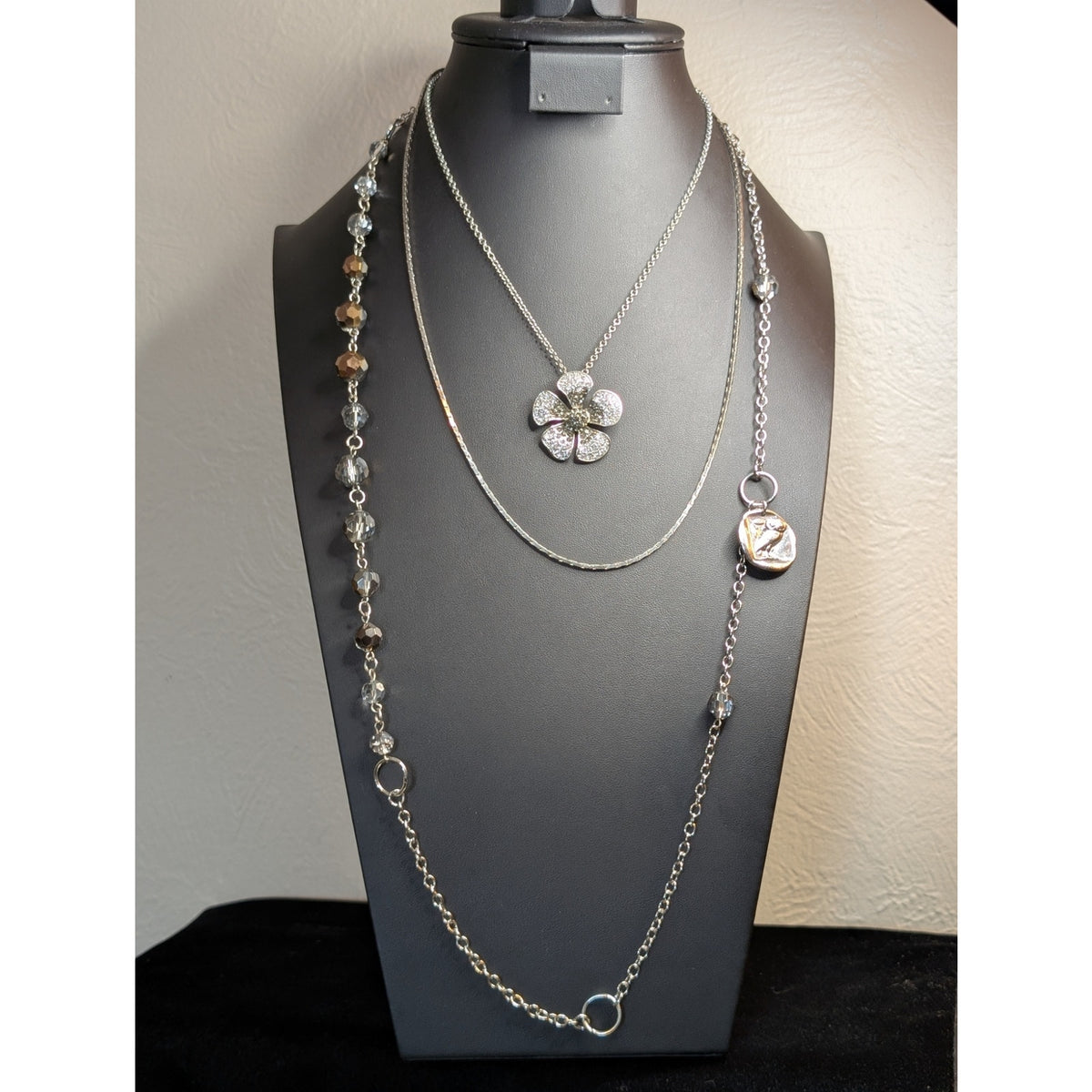 Lot of Three Layered Silver Tone Necklaces From Vintage to Modern