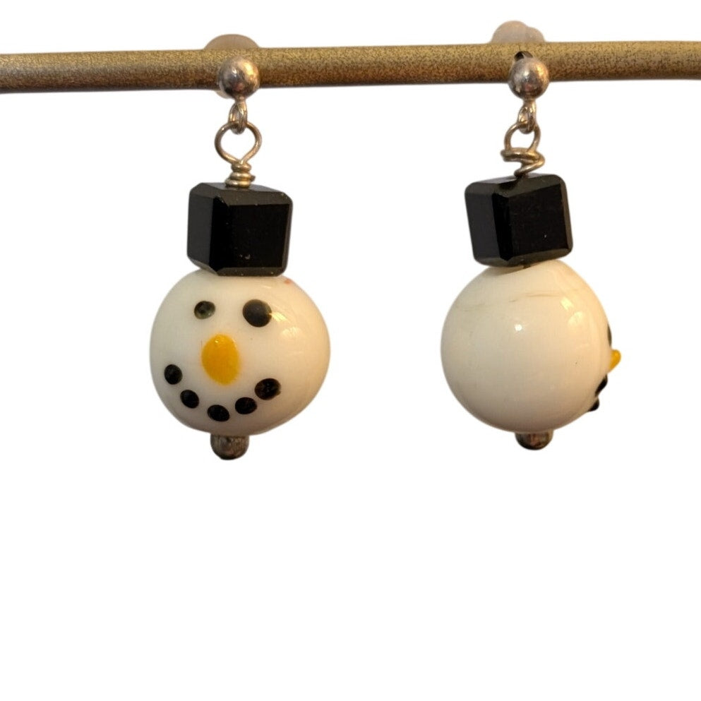 Vintage Glass Snowman Dangle Pierced Earrings