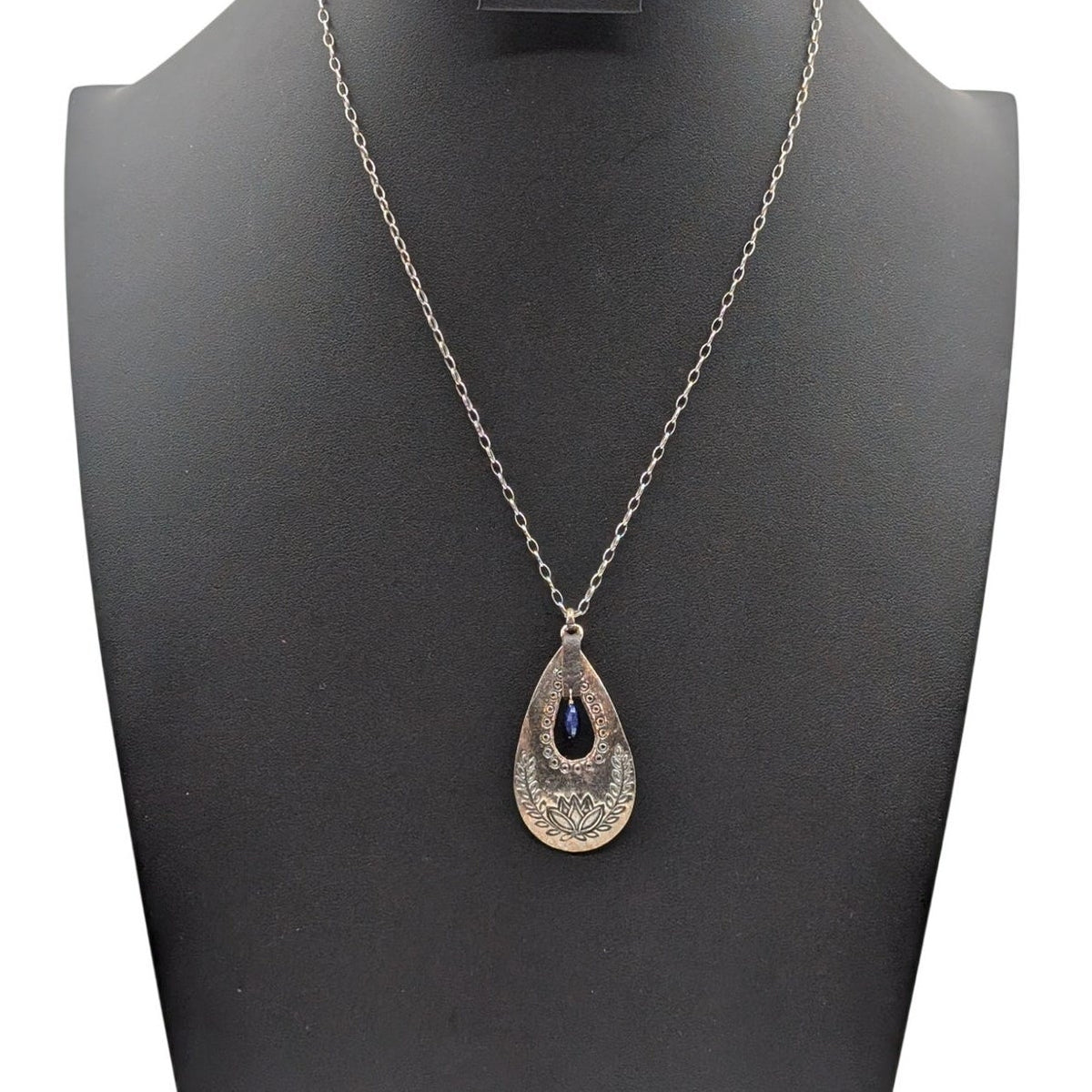925 Italy Sterling P. Lux Chain Teardrop Lotus With Dangling Blue Stone Necklace
