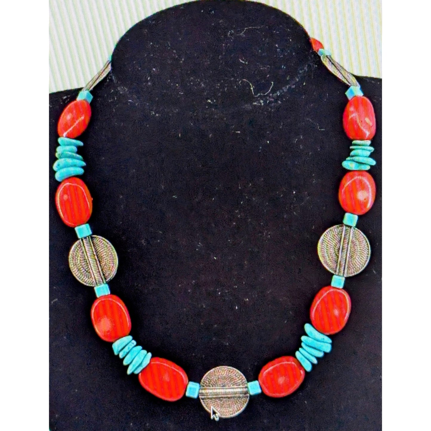 925 Sterling Sliver Modern Southwestern 16" Necklace w/ Coral & Turquoise 50.5g