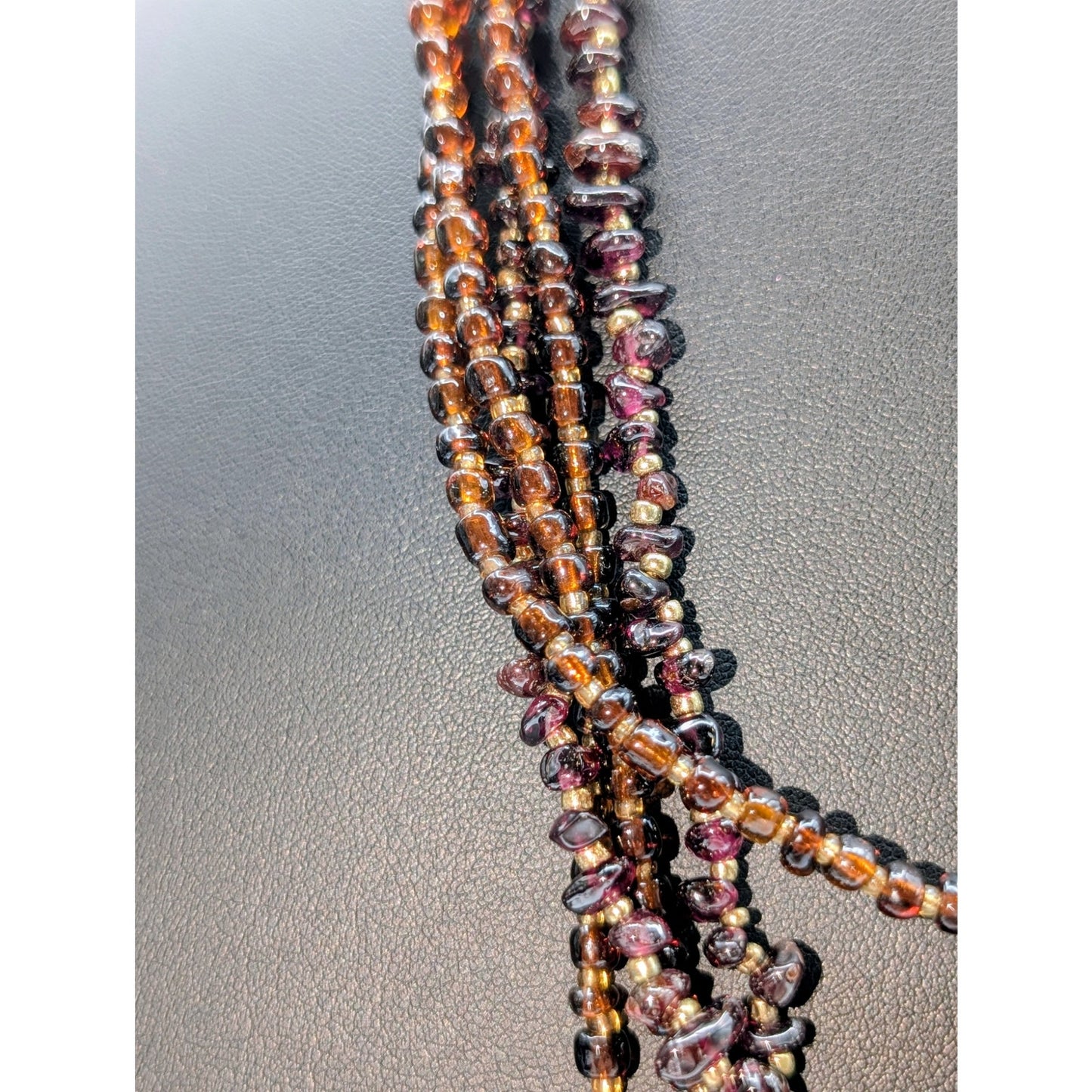 Vintage Five Strand Brown Glass Bead Garnet Chip & Gold Bead 24" Necklace