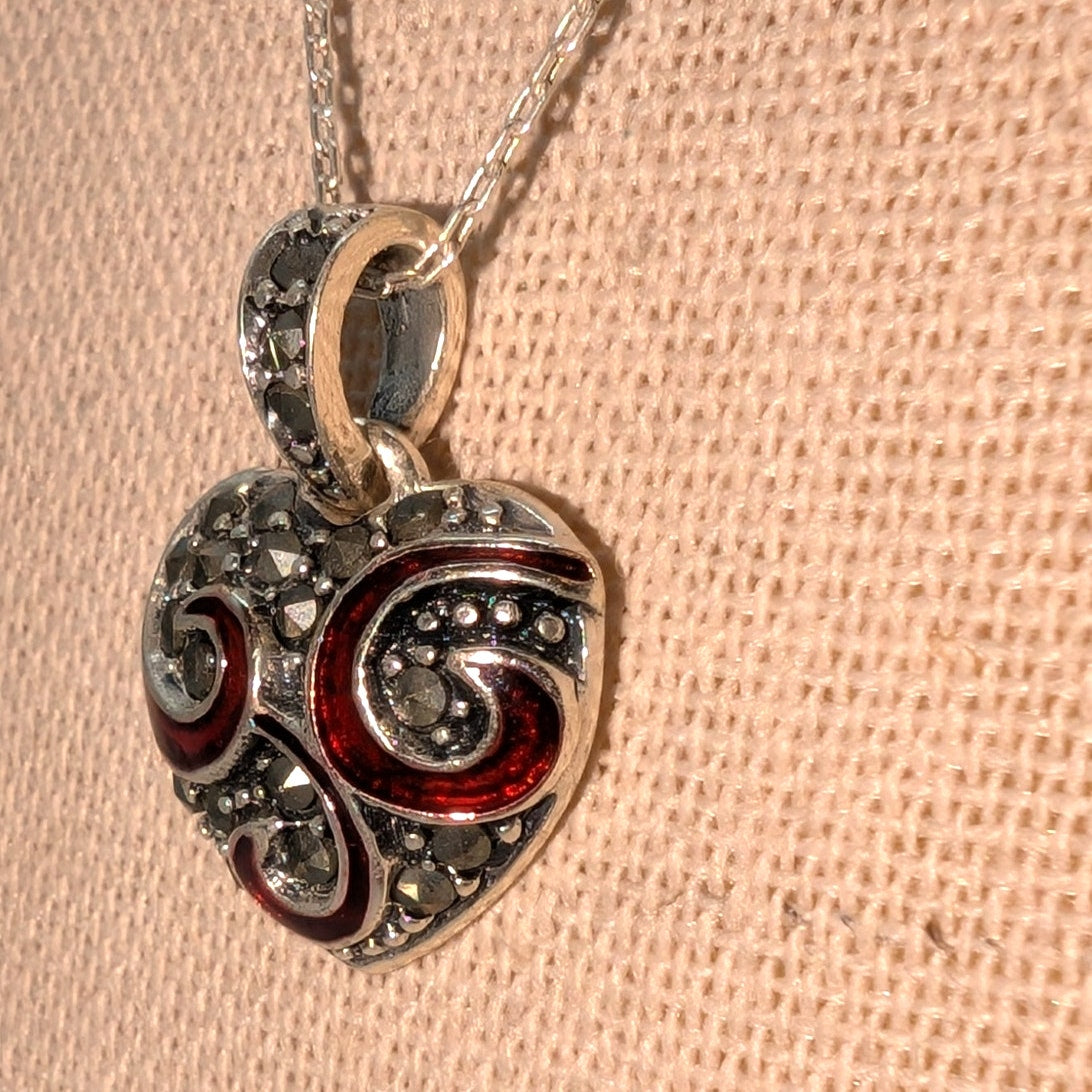 925 Sterling Silver Red Enamel Swirl Marcasite Heart Pendant Necklace