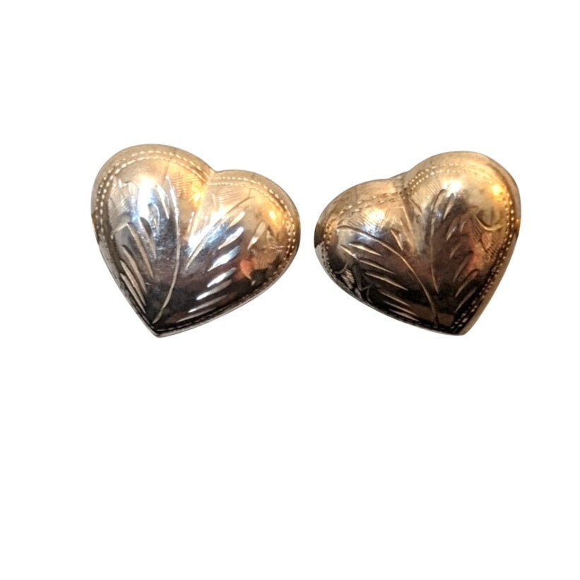 Vintage Puffed Etched Heart Post Marked 925 Sterling Silver Earrings
