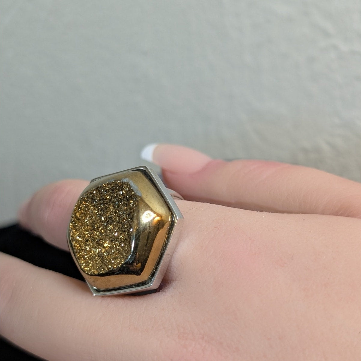 Chunky Hexagon Gold Druzy Quartz Two Tone Sterling Silver Ring Size 8