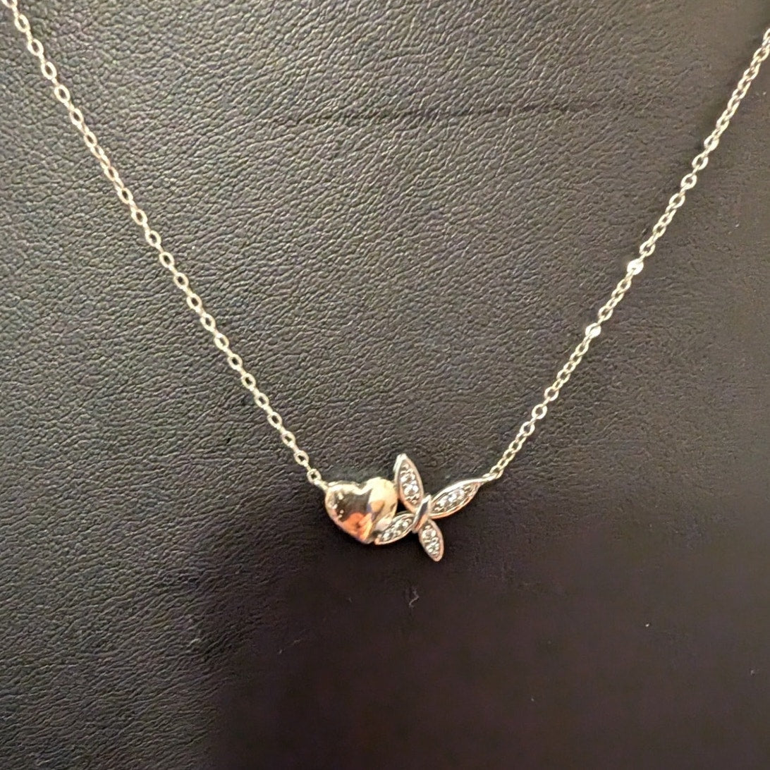 LA CN 925 Sterling Silver Two Tone Heart & CZ Butterfly 16"-18" Necklace