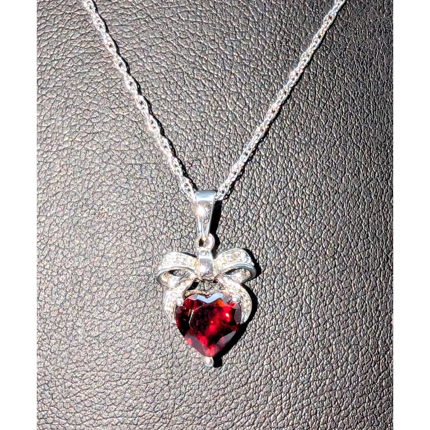925 Sterling Silver Garnet Heart Bow Two Diamond Pendant 18.25" Necklace