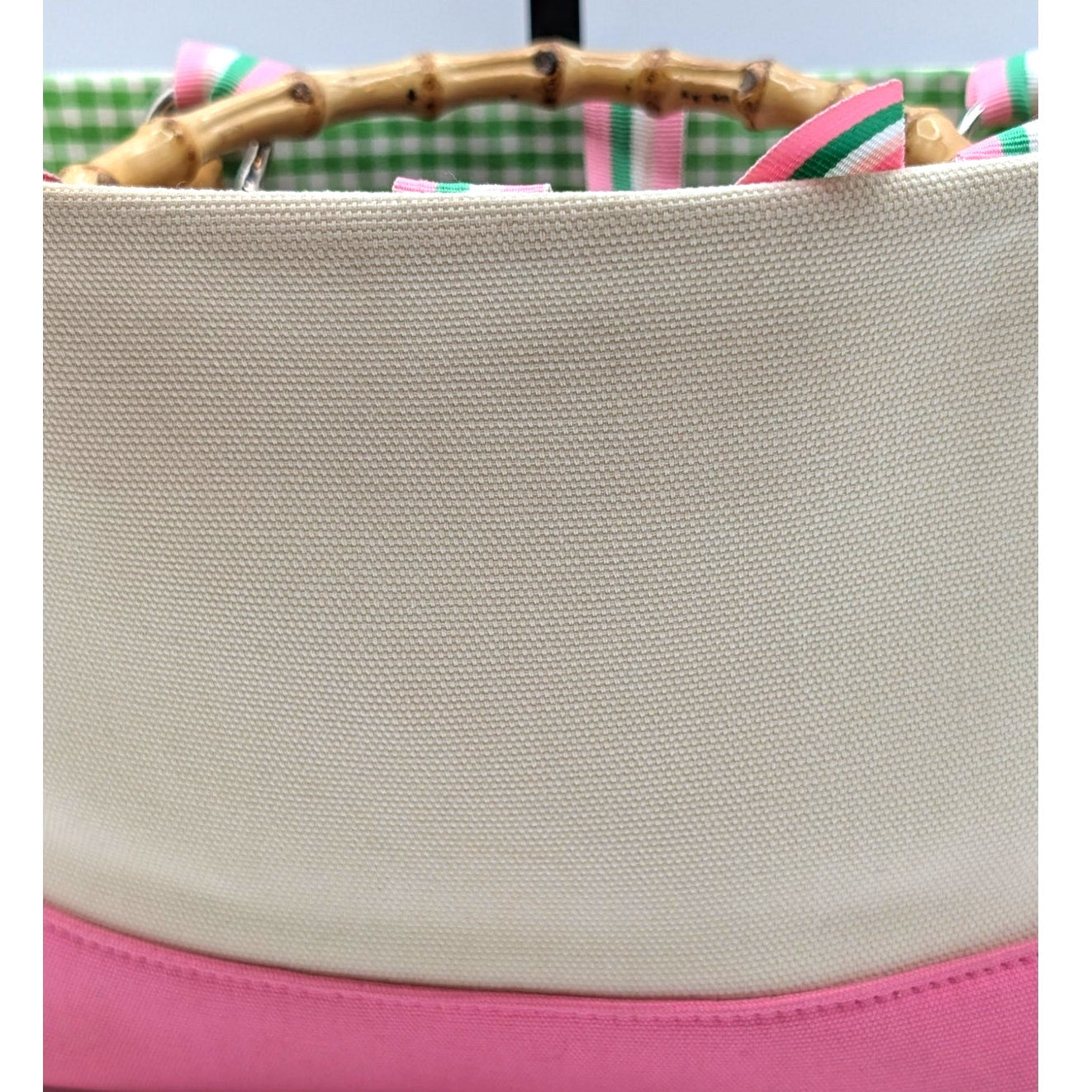 Preston & York Preppy Canvas Bamboo Handle Cream Pink Monogram K Small Tote Bag