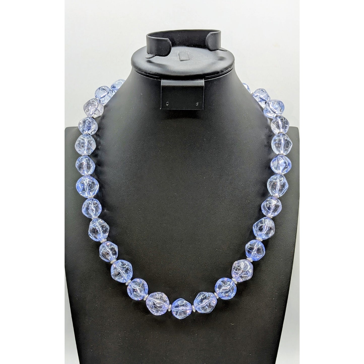 Vintage Chunky Blue Purple Crackled Silver Tone Wire Strung Beaded 26" Necklace