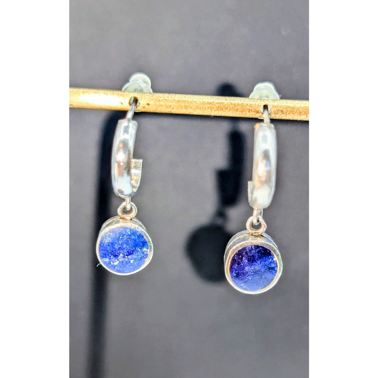 Vintage 925 Sterling Silver Lapis Lazuli Dangle Half Hoop Post Earrings