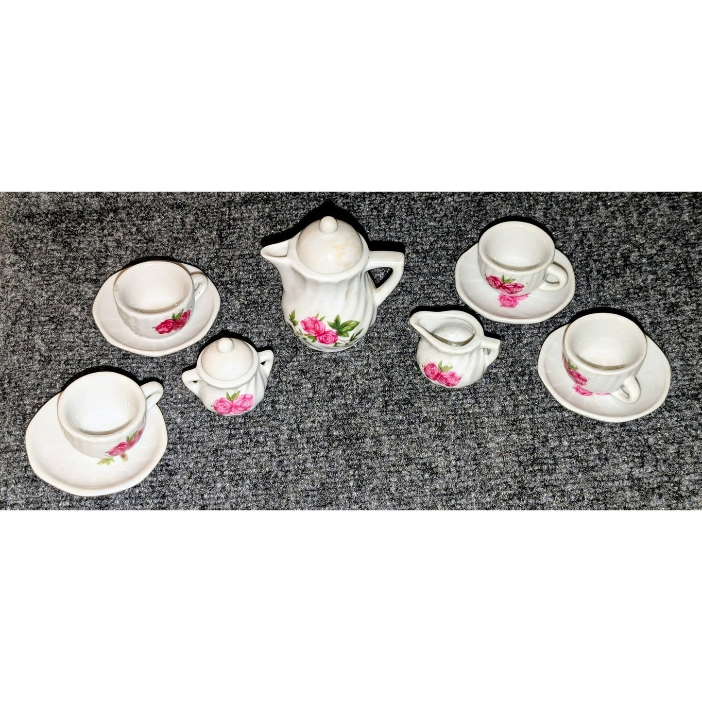Vintage Thirteen Piece Miniature Child's Pink Rose Tea Set