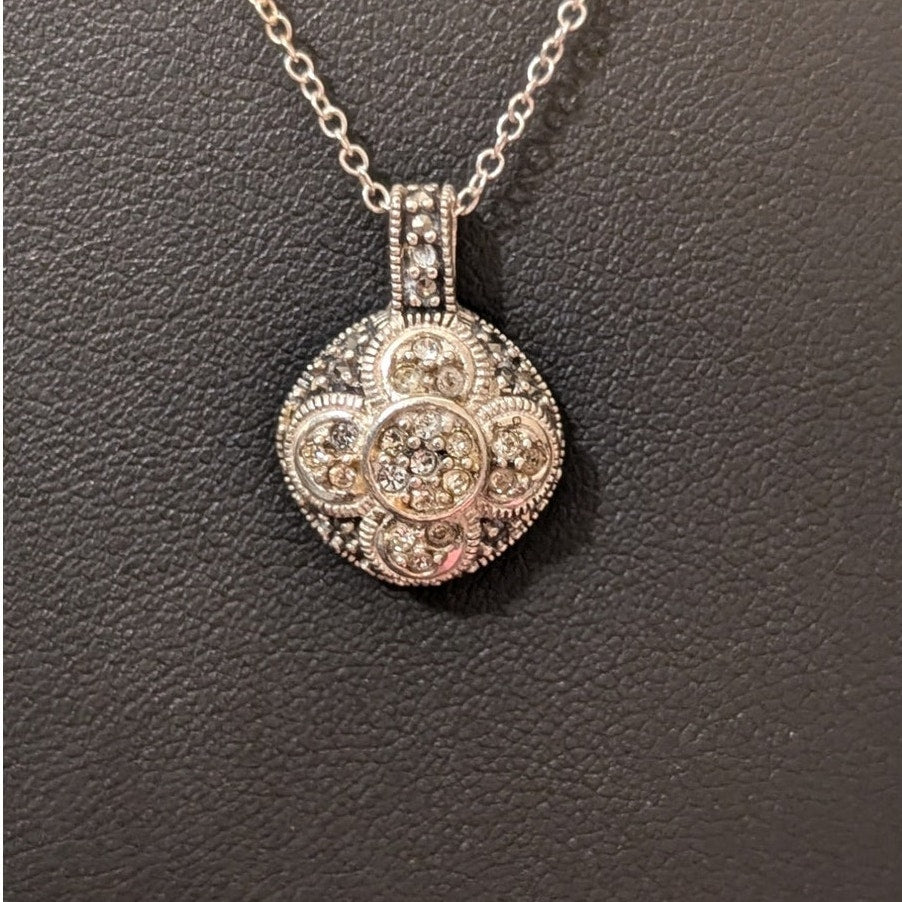 Vintage Sterling Floral Sparkly Crystal Two Tone Pendant 18" Necklace
