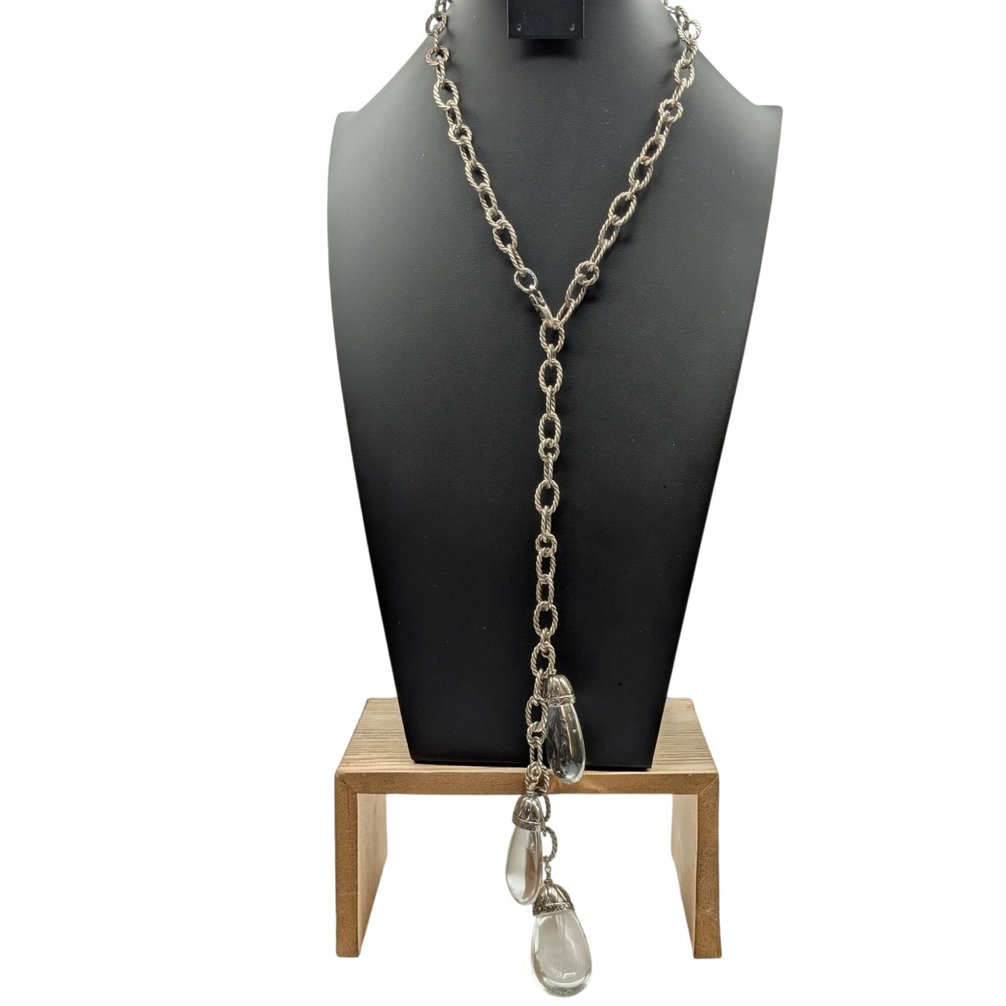 Vintage Long Silver Tone Chain Three Large Clear Lucite Fob Dangle Necklace