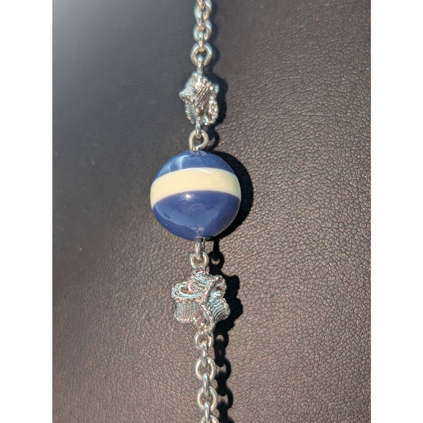 Talbot's Silver Tone Blue Strip & Ruffled Bow Bead Station 32" Necklace