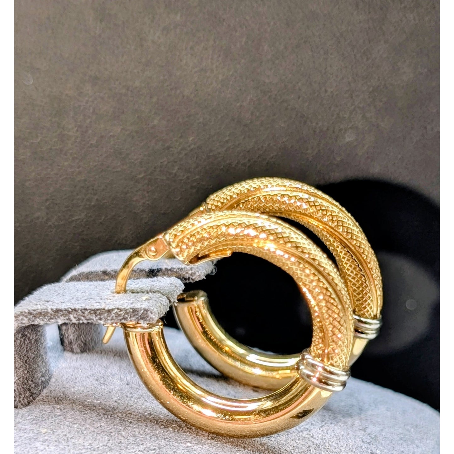 18K Italy Yellow Gold (White Gold Bands 2 Toned) Textured Polished Hoop Earrings