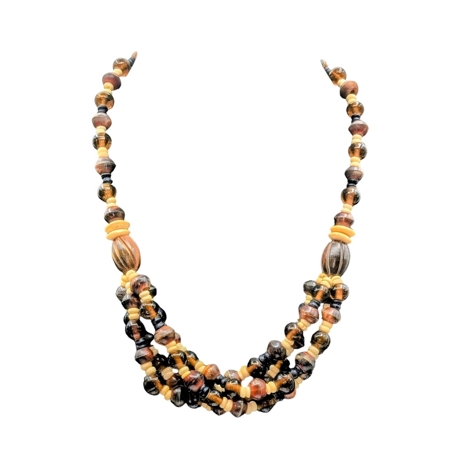 Vintage Amber Cream & Brown Bone Glass Wood Bead Tribal Hook Clasp Necklace