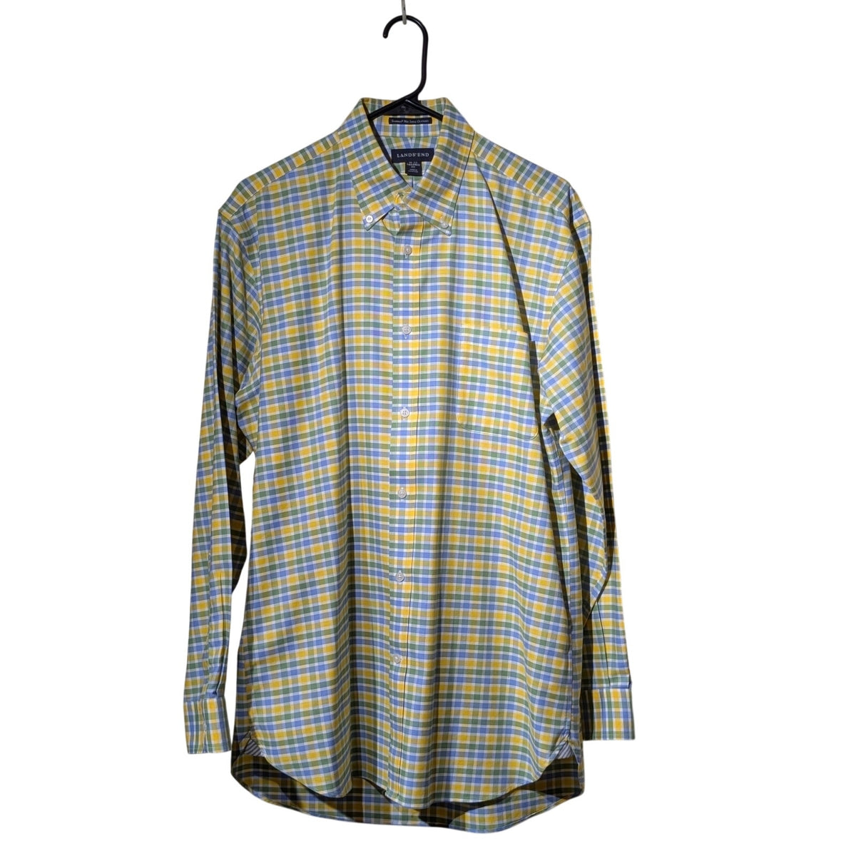 Lands' End Yellow Plaid Tailored Fit Supima Cotton No Iron Oxford Shirt Sz 16-34