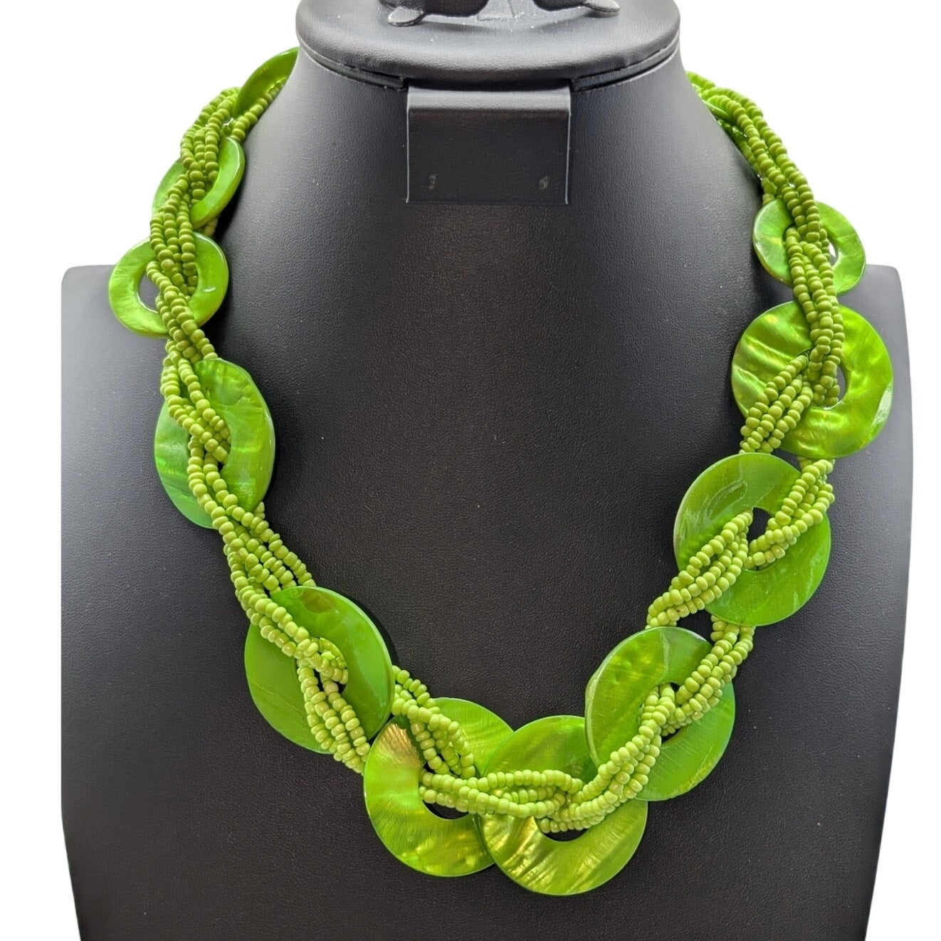 Lime Green Round Shell Disk Seed Bead Statement 23"-26" Necklace