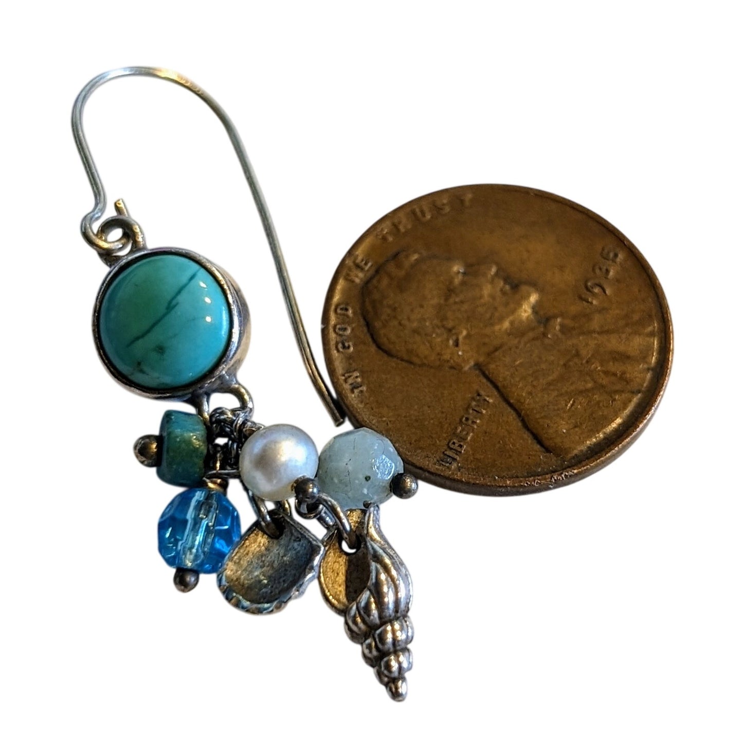 Marked 925 Sterling Wire Turquoise Seashell Beaded Dangle Earrings
