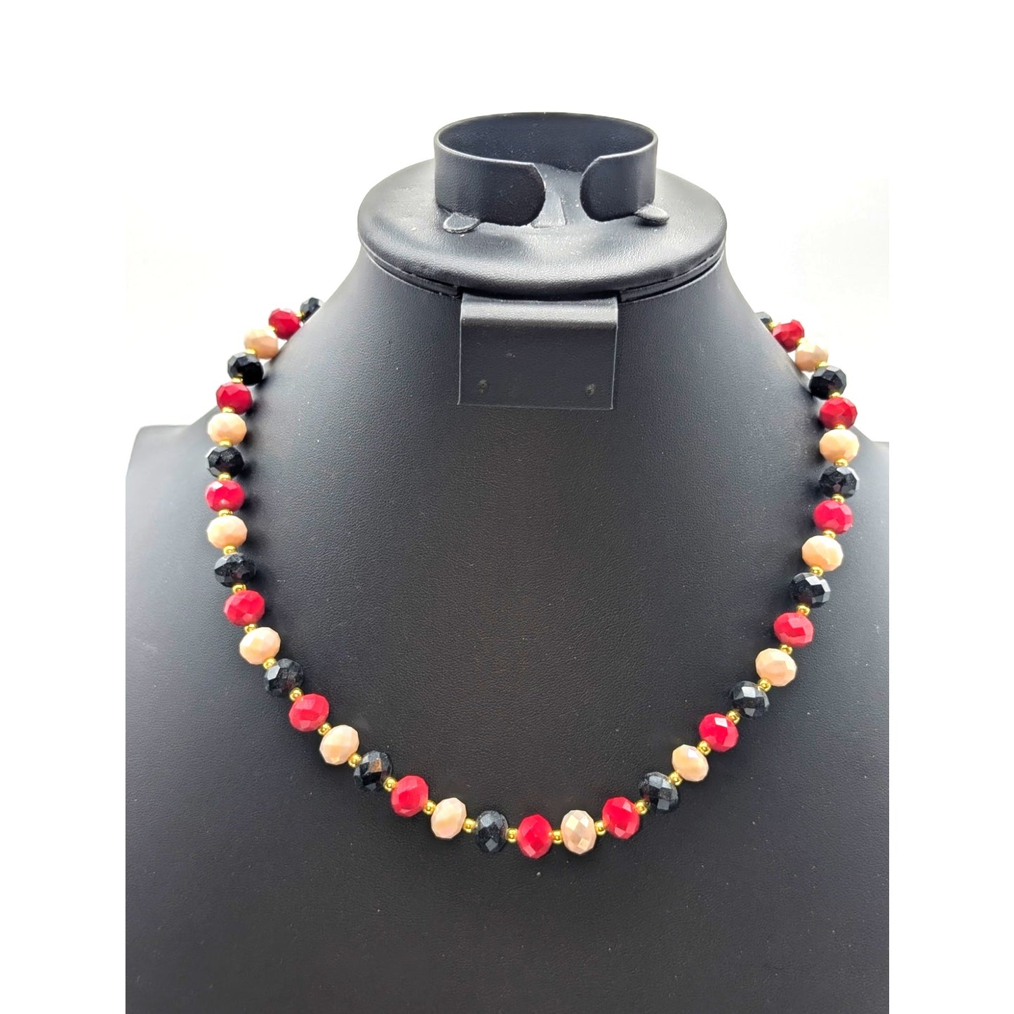 Vintage Red White Black Glass Czech Faceted Bead Gold Tone Bead 20.5" Necklace