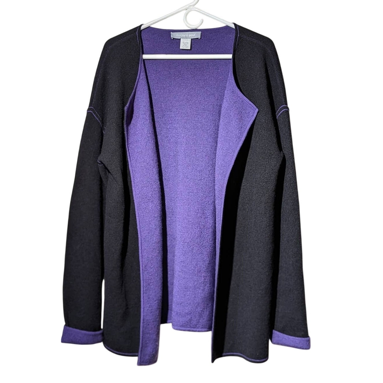 Modern Soul Open Front Black Wool Blend Cardigan w/ Purple Trim Size L