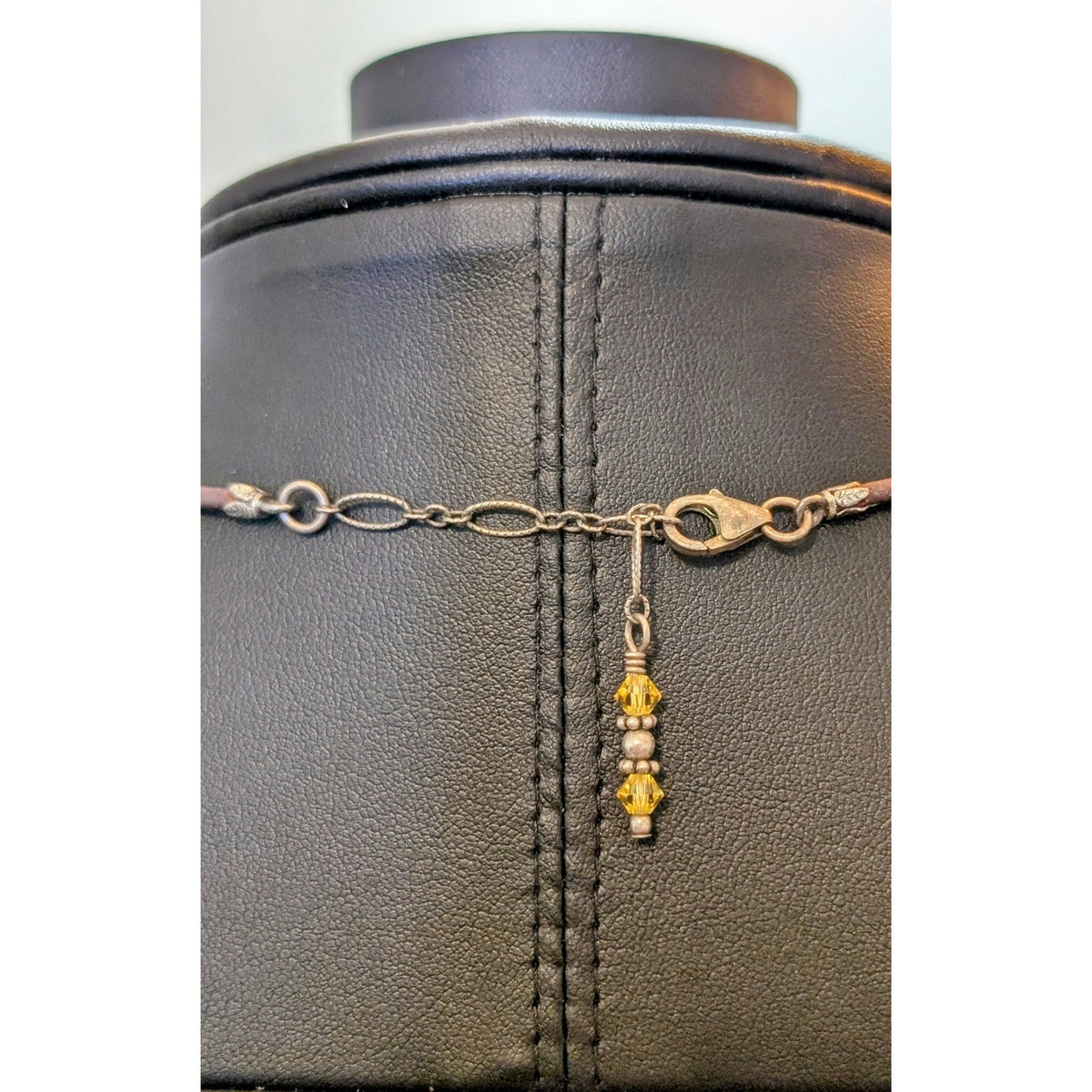 VTG Boho 925 Sterling Silver Fused Glass Crystal Dangle Leather Cord Necklace