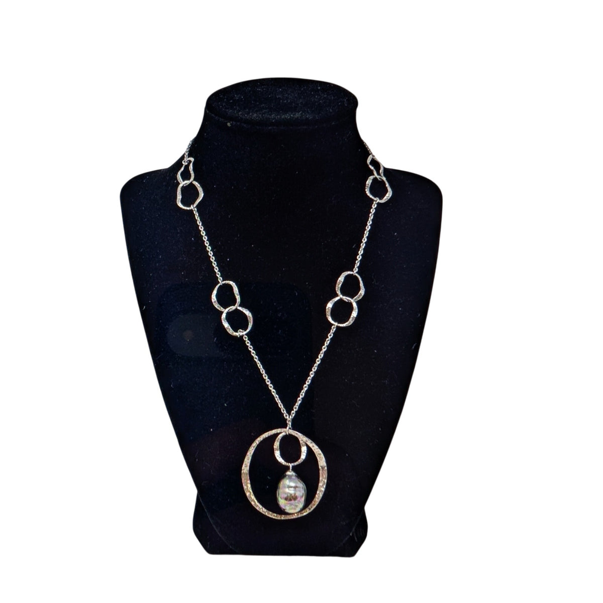 Stunning 925 Sterling Silver Hammered Circle Faux Pearl Pendant Necklace 16.83g