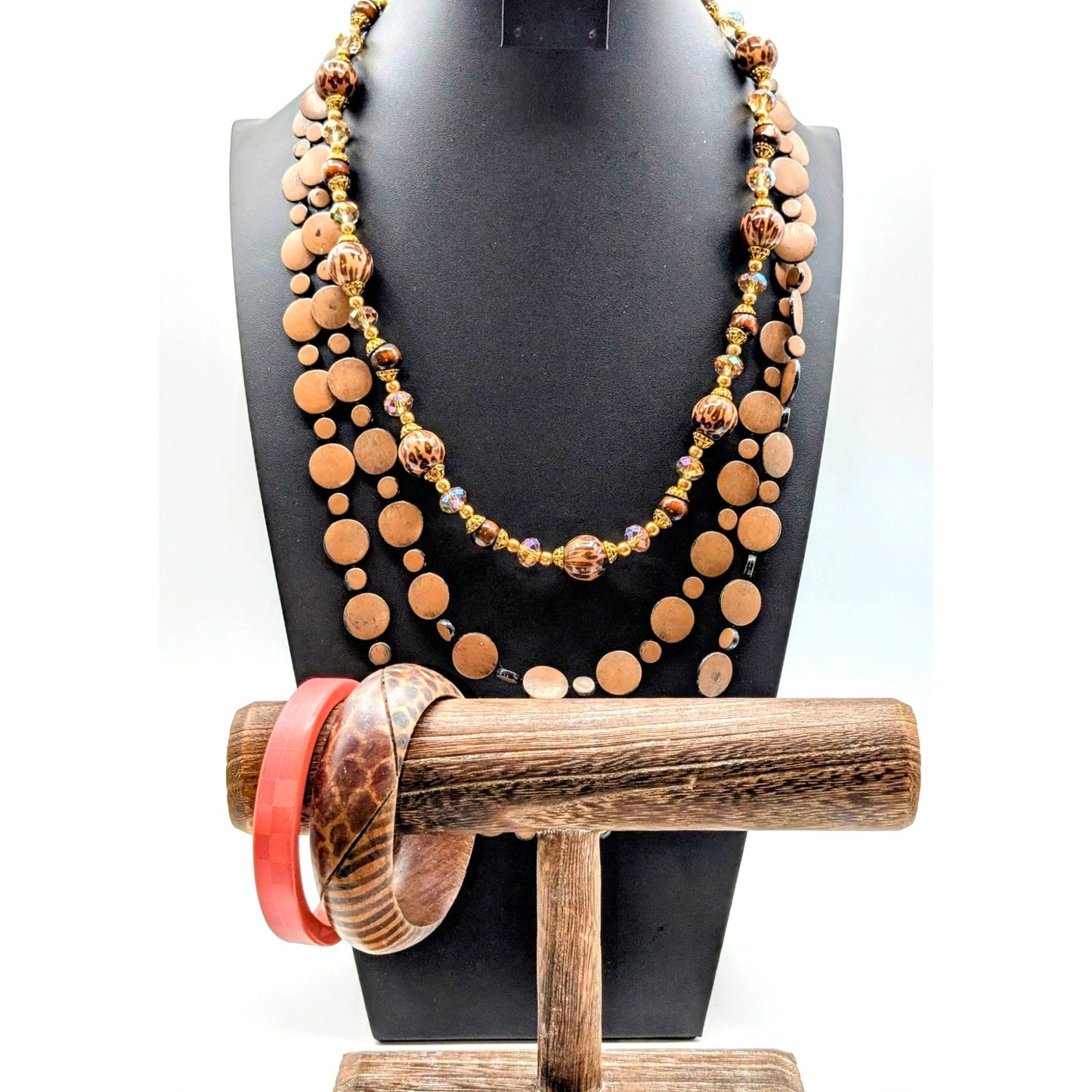 Four Piece Brown Pink Wood Crystal Animal Print Lot of 2 Necklaces & 2 Bracelets