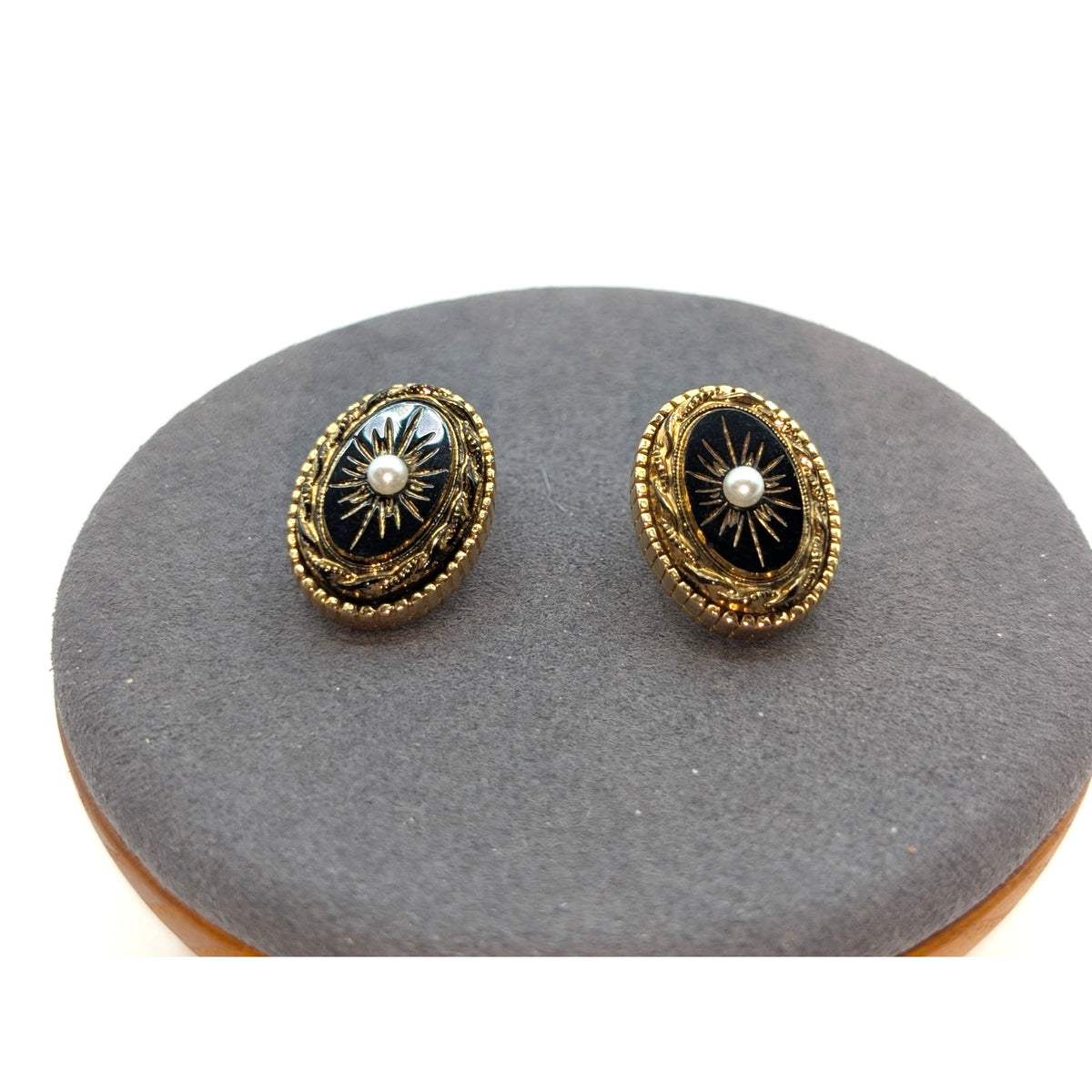Vintage Sphinx Victorian Revival Black Gold Faux Pearl Clip On Earrings
