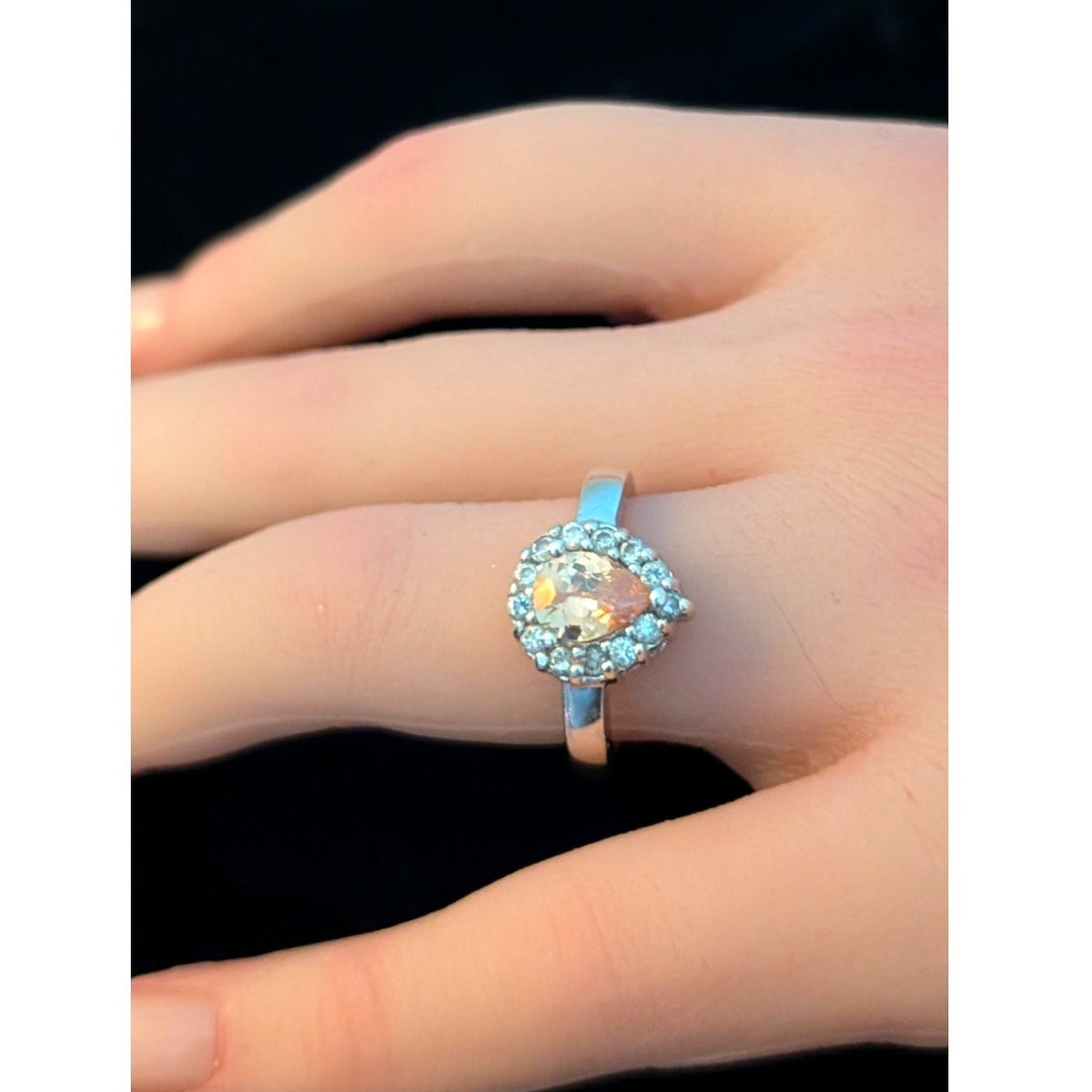 Orange Teardrop Crystal CZ Surround 925 Sterling Ring Size 7.75