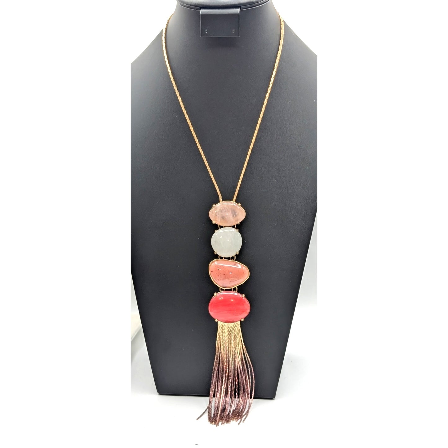 Gold Tone Pull Chain Up to 36" Stone & Acrylic Ombre Tassel Fringe Long Necklace